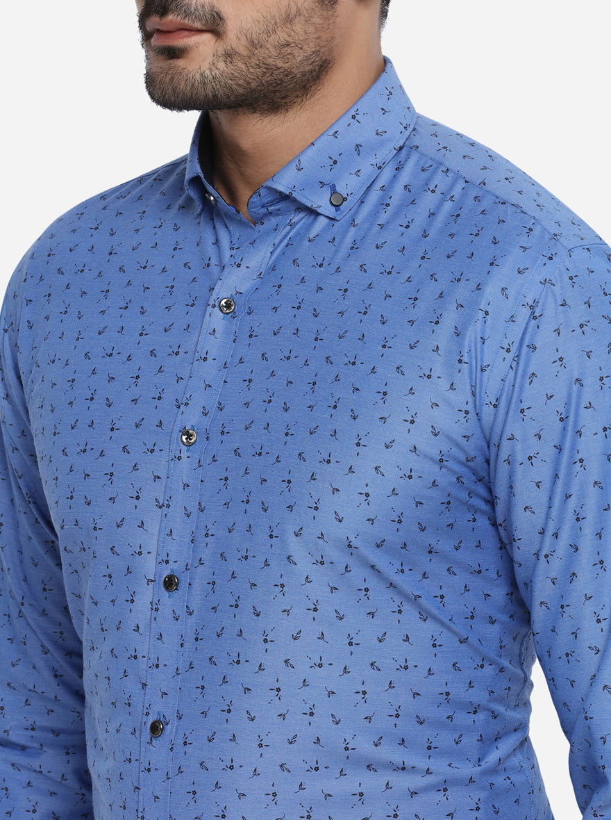 Azure Blue Printed Slim Fit Party wear Shirt | Greenfibre