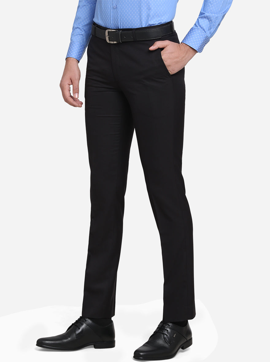 Black Self Design Slim Fit Formal Trouser  | Greenfibre