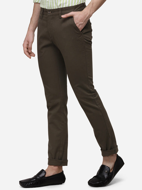 Olive Super Slim Fit Solid Casual Trouser | Greenfibre