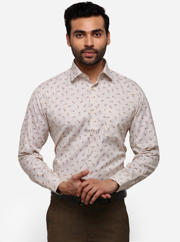 Cream Printed Regular Fit Formal Shirt | Greenfibre