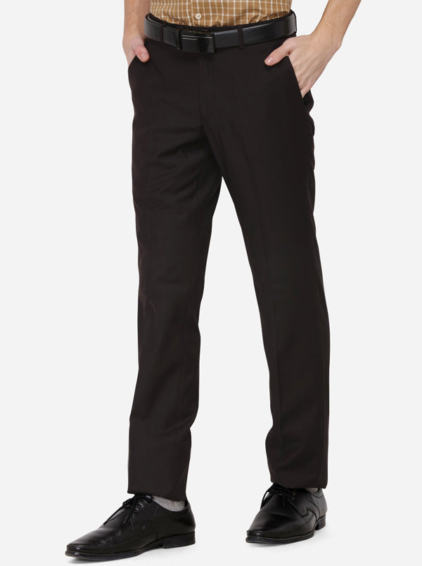 Brown Solid Slim Fit Formal Trouser | Metal