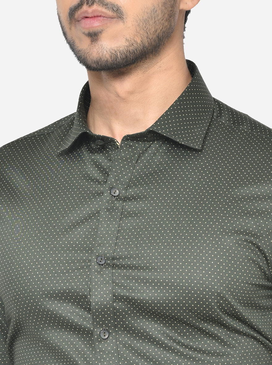 Dark Green Printed Slim Fit Party Wear Shirt | Greenfibre