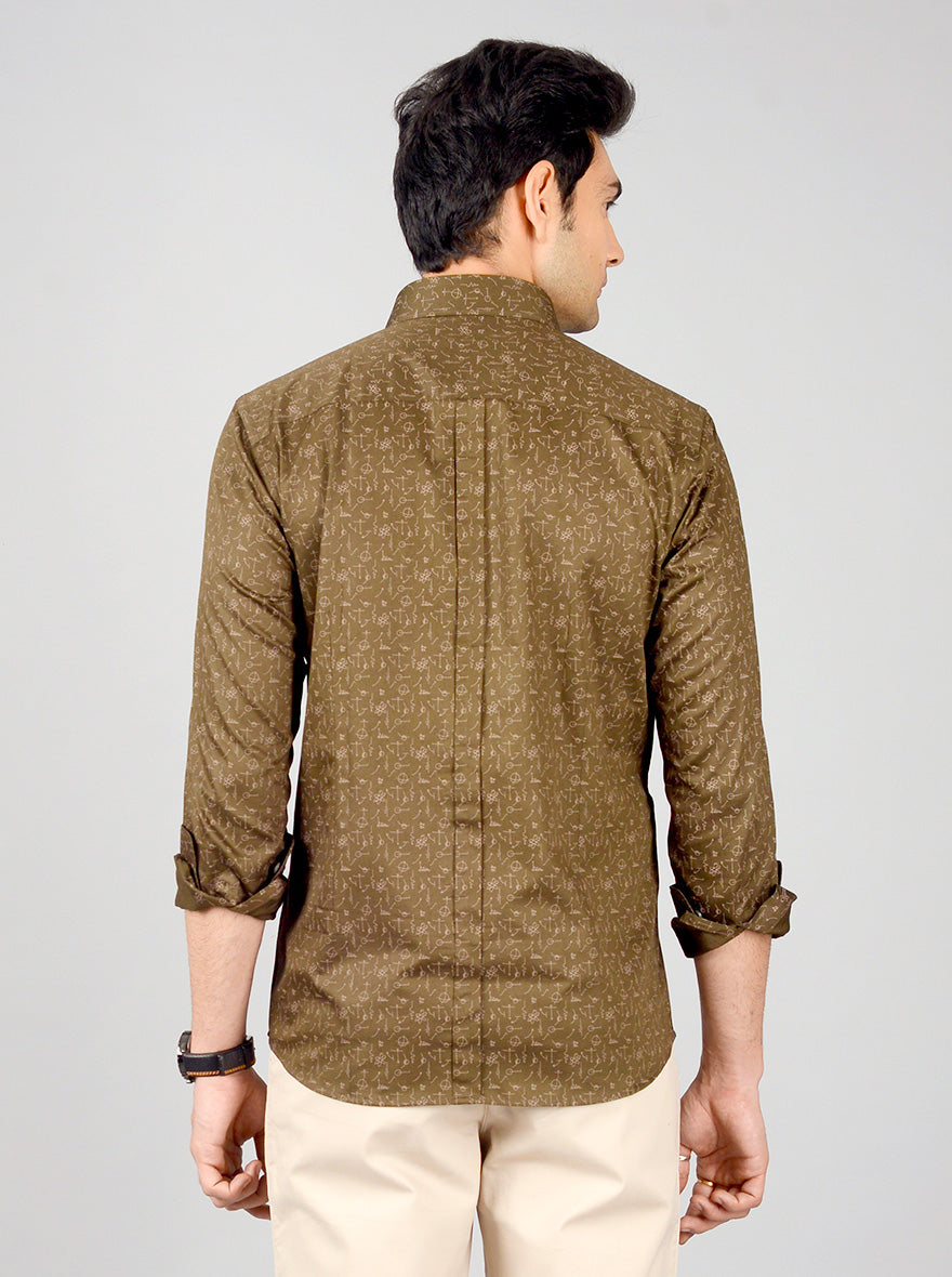 Olive Brown Printed Slim Fit Formal Shirt | JadeBlue