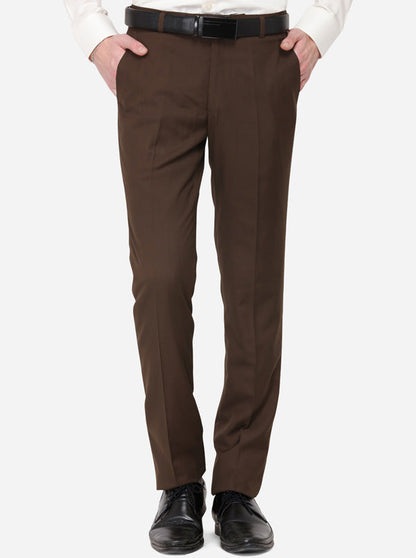 Brown Solid Slim Fit Formal Trouser | Greenfibre