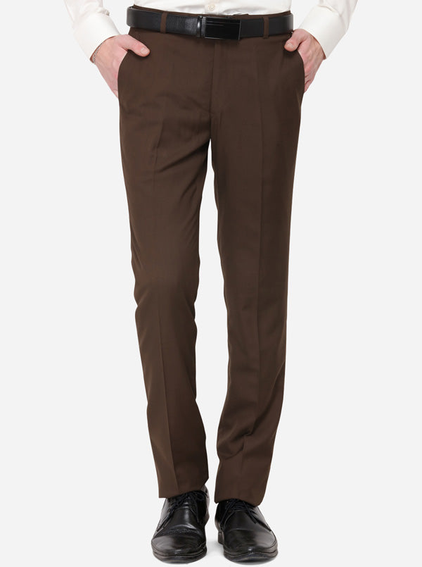 Brown Solid Slim Fit Formal Trouser | Greenfibre