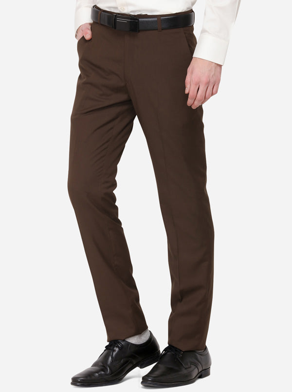 Brown Solid Slim Fit Formal Trouser | Greenfibre