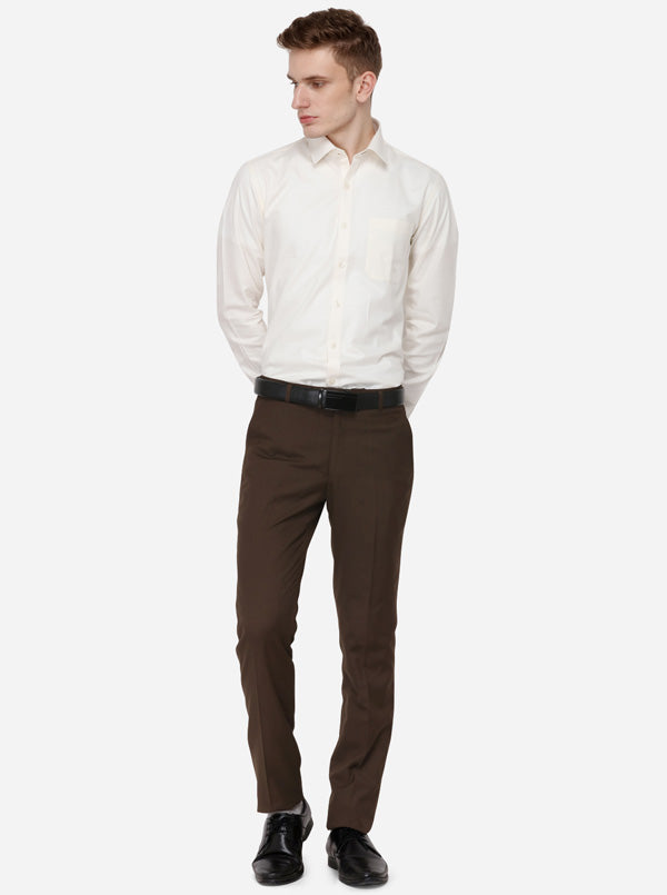 Brown Solid Slim Fit Formal Trouser | Greenfibre