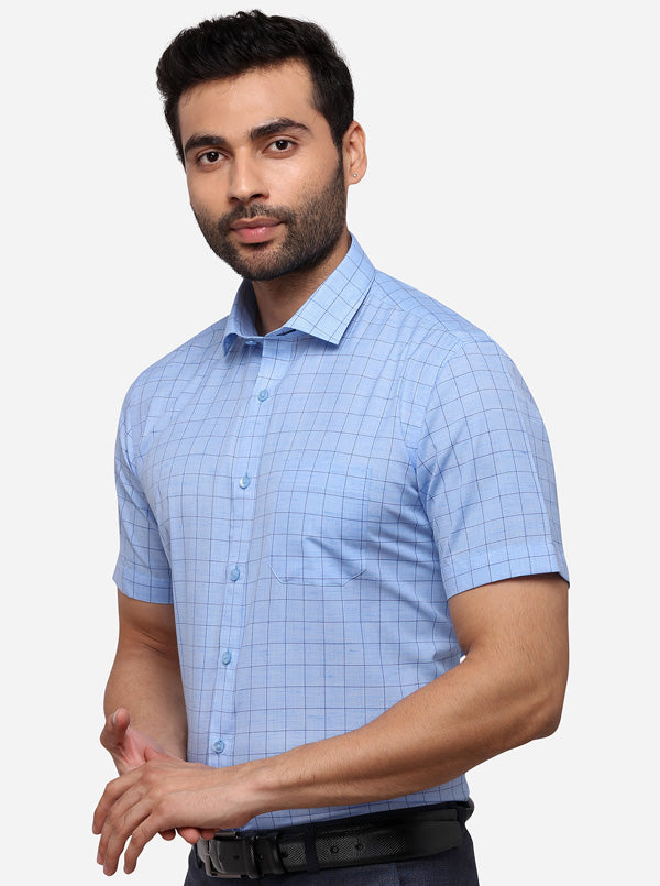 Sky Blue Checked Regular Fit Formal Shirt | Greenfibre