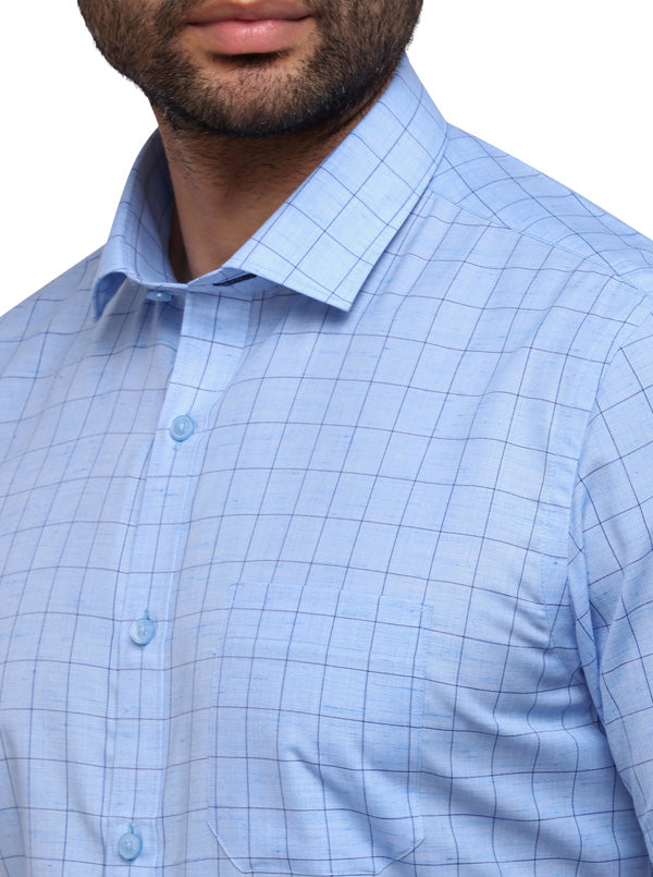 Sky Blue Checked Regular Fit Formal Shirt | Greenfibre