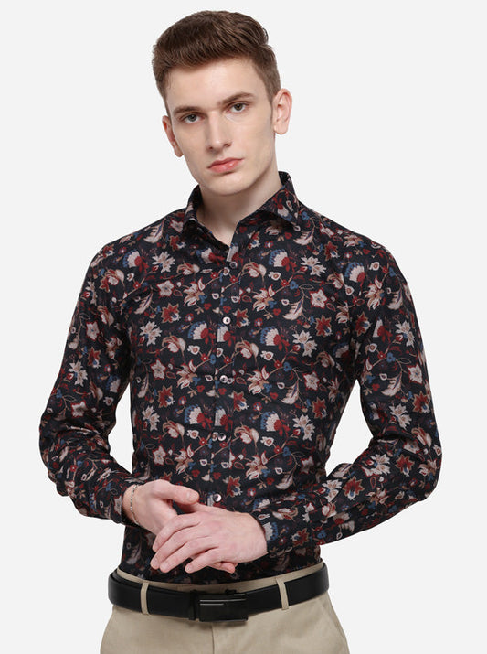 Black & Red Printed Slim Fit Party Wear Shirt | Wyre