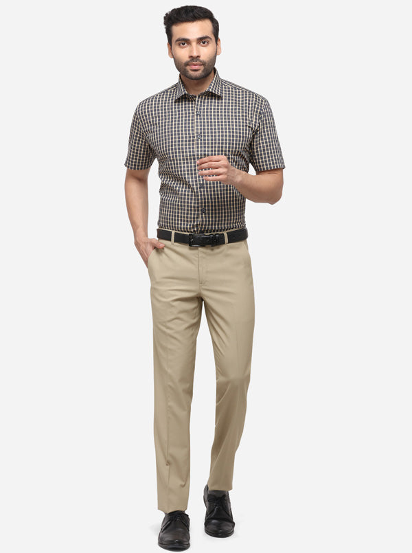 Dark Grey & Cream Checked Regular Fit Formal Shirt | JadeBlue