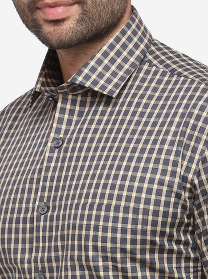 Dark Grey & Cream Checked Regular Fit Formal Shirt | JadeBlue