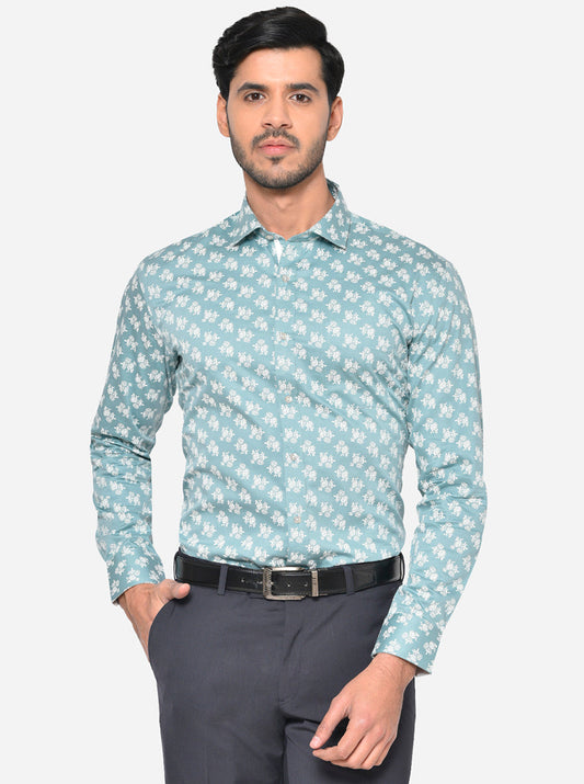 Mint Green Printed Slim Fit Party Wear Shirt | Greenfibre