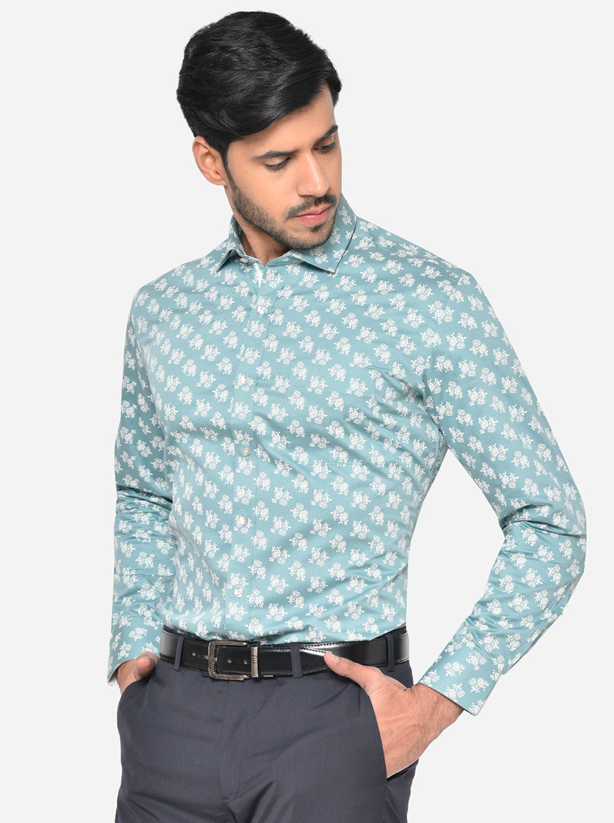 Mint Green Printed Slim Fit Party Wear Shirt | Greenfibre