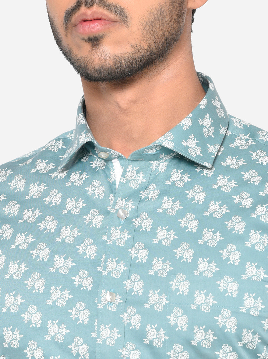 Mint Green Printed Slim Fit Party Wear Shirt | Greenfibre