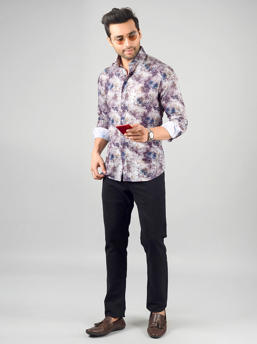 Storm Grey & Blue Printed Slim Fit Party Wear Shirt | Wyre