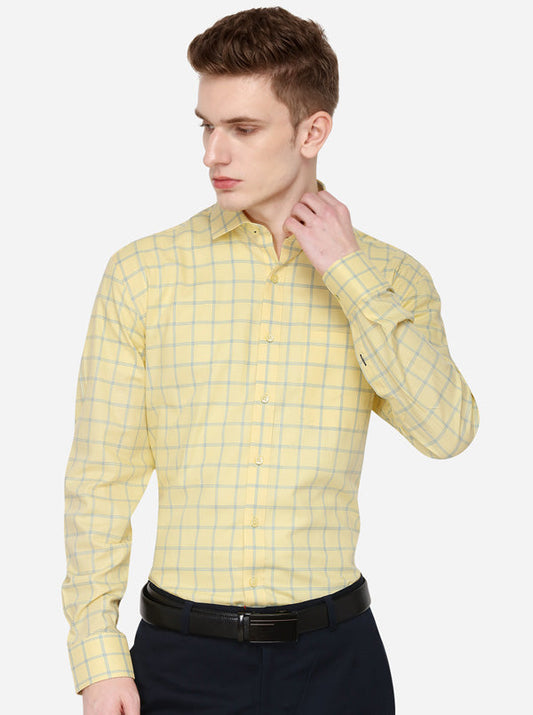 Yellow & Blue Checked Regular Fit Formal Shirt | JadeBlue