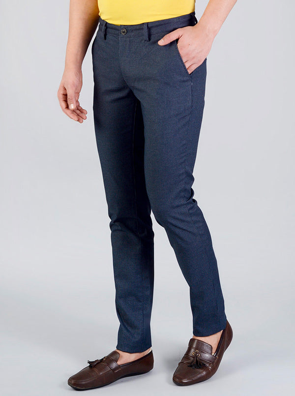 Navy Blue Checked Slim Fit Casual Trouser | JB Sport