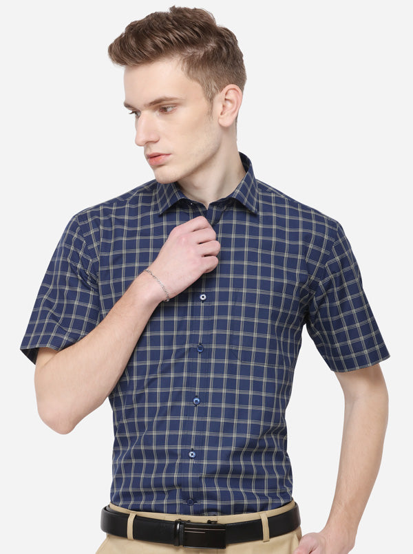 Navy Blue Checked Regular Fit Formal Shirt | Greenfibre