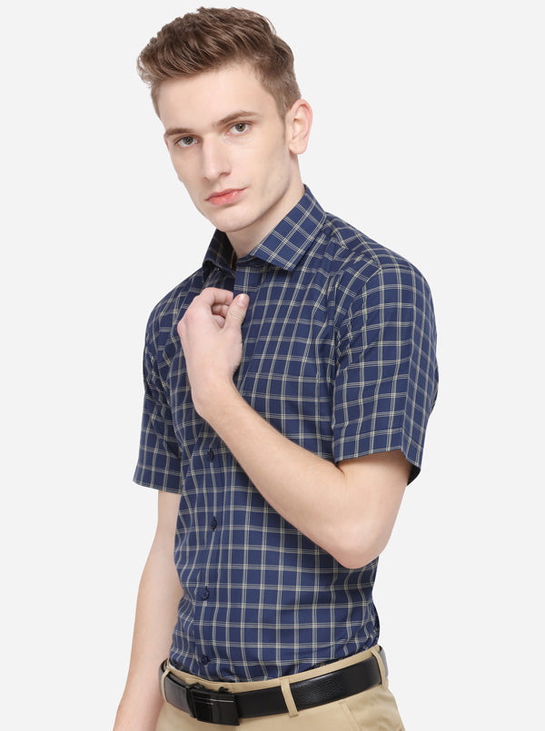 Navy Blue Checked Regular Fit Formal Shirt | Greenfibre