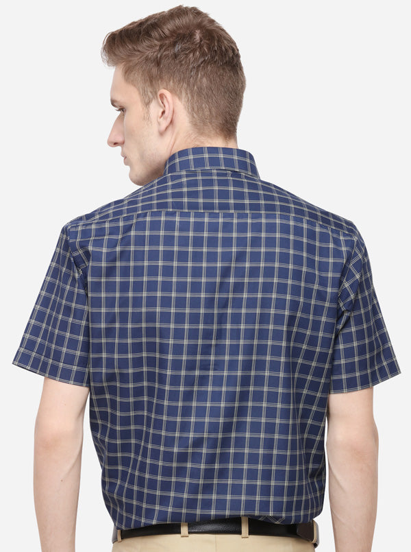 Navy Blue Checked Regular Fit Formal Shirt | Greenfibre