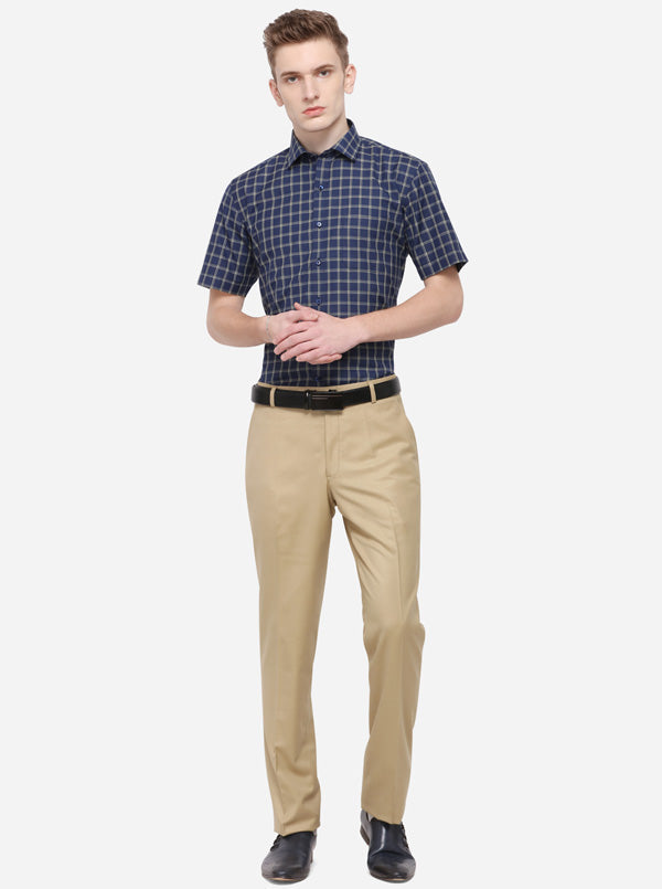 Navy Blue Checked Regular Fit Formal Shirt | Greenfibre