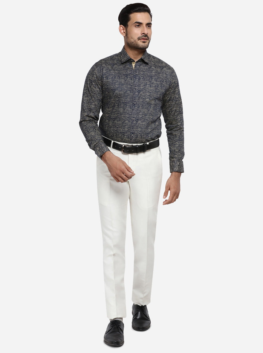 Blue & Cream Printed Slim Fit Party wear Shirt | Greenfibre