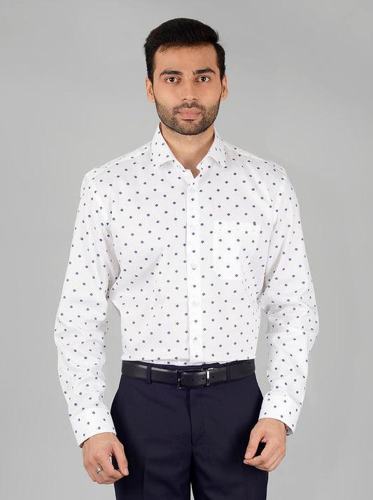 White Printed Regular Fit Formal Shirt | JadeBlue