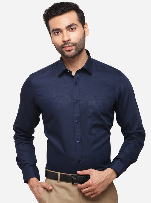 Navy Blue Printed Slim Fit Formal Shirt | Greenfibre