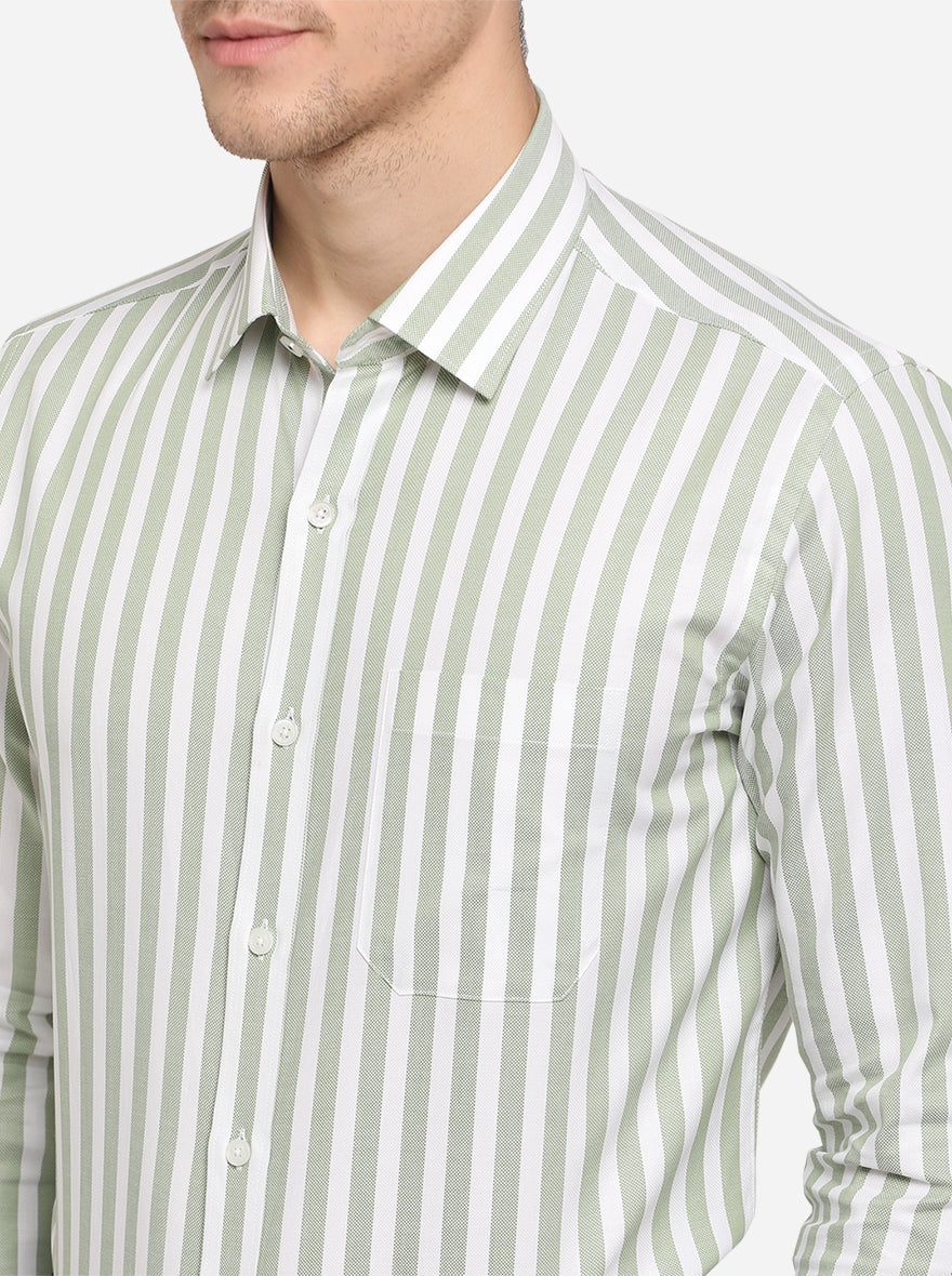 Green & White Striped Slim Fit Formal Shirt | JadeBlue