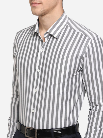 White & Grey Striped Slim Fit Formal Shirt | JadeBlue