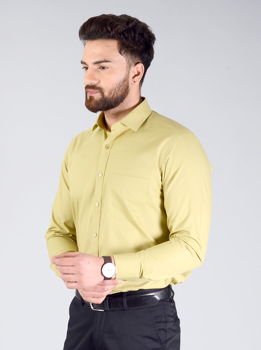 Light Olive Green Self Design Regular Fit Formal Shirt | Greenfibre