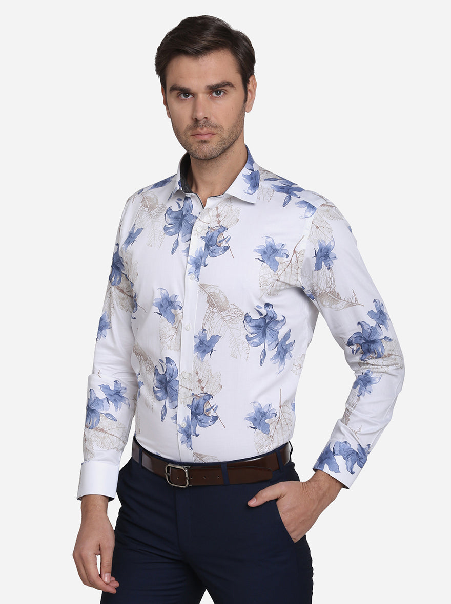 White & Blue Printed Slim Fit Party Wear Shirt | Greenfibre