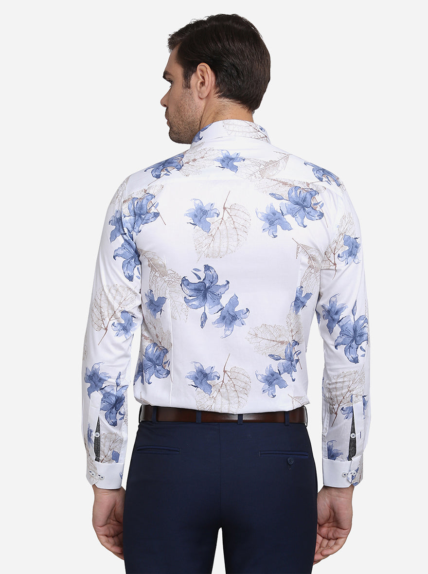 White & Blue Printed Slim Fit Party Wear Shirt | Greenfibre