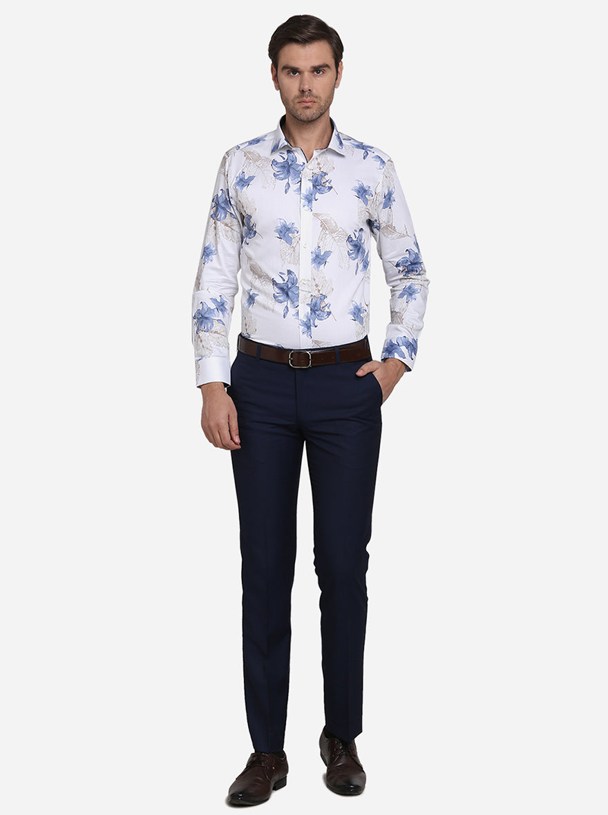 White & Blue Printed Slim Fit Party Wear Shirt | Greenfibre