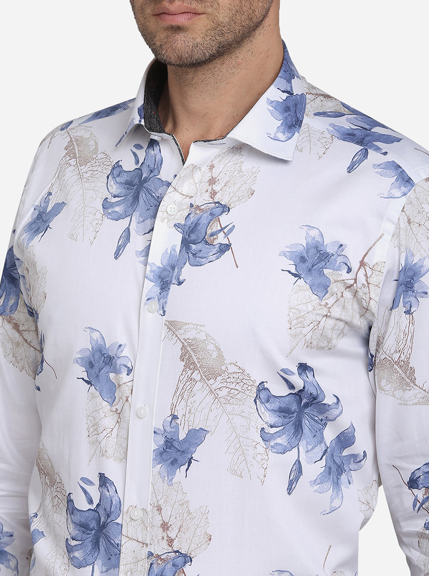 White & Blue Printed Slim Fit Party Wear Shirt | Greenfibre