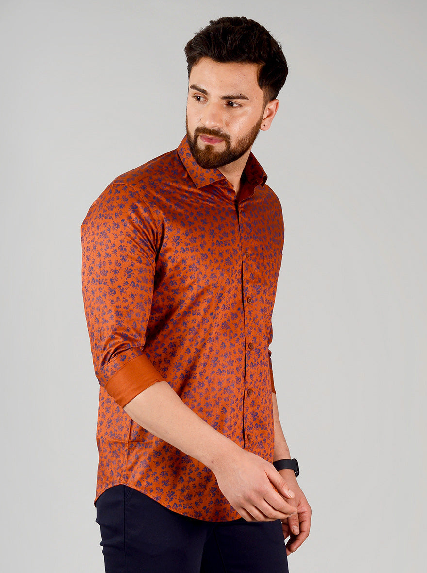 Dark Rust & Blue Printed Slim Fit Formal Shirt | JadeBlue