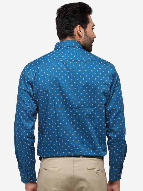 Olympic Blue Printed Regular Fit Formal Shirt | Greenfibre