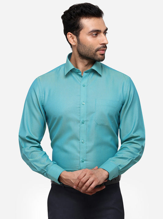 Turquoise Blue Printed Regular Fit Formal Shirt | Greenfibre