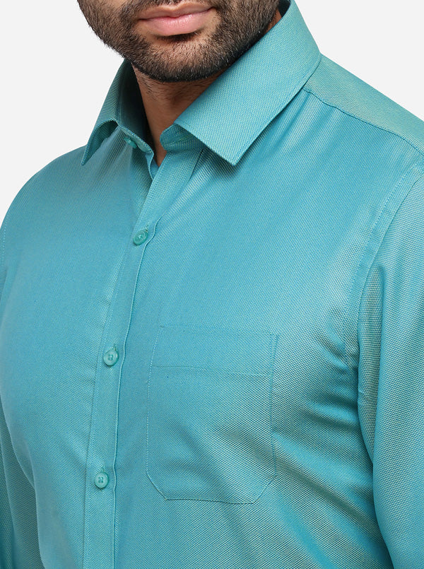 Turquoise Blue Printed Regular Fit Formal Shirt | Greenfibre