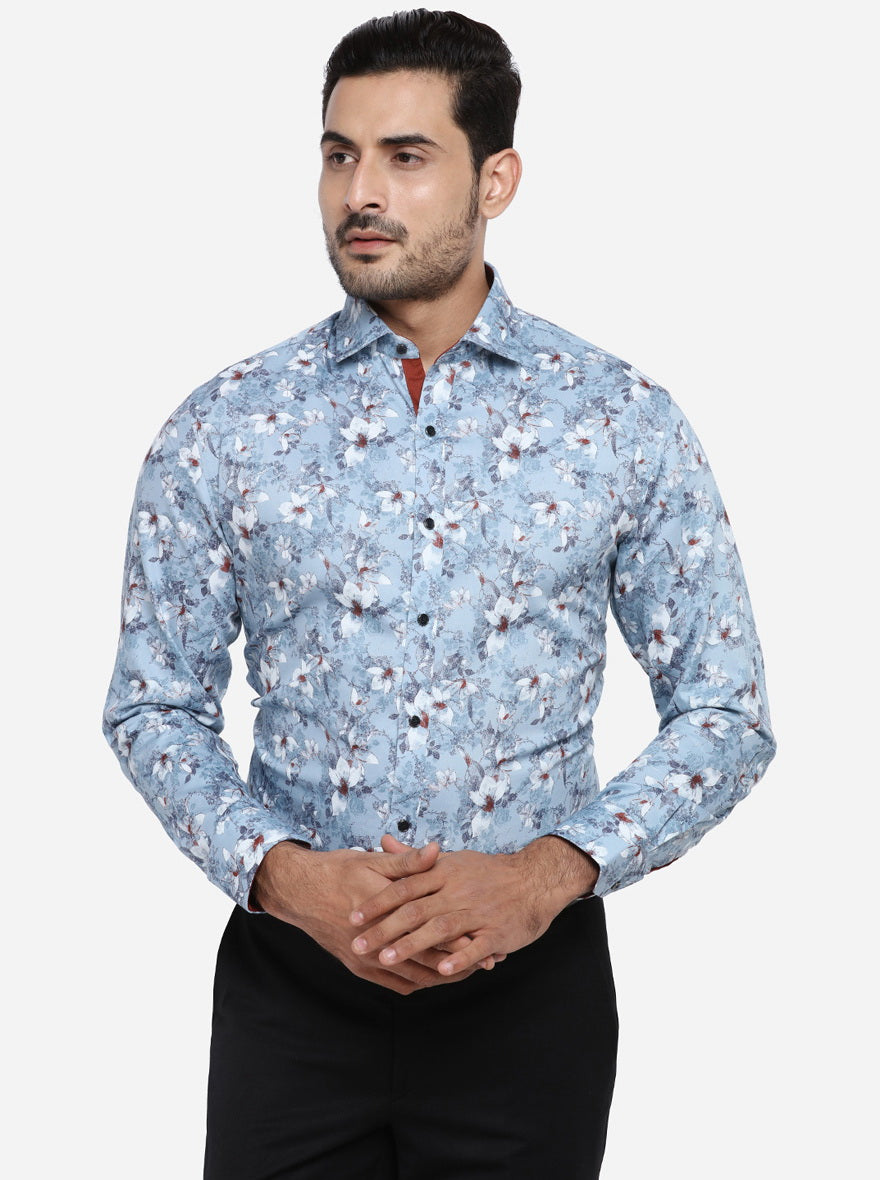 Blue Printed Slim Fit Party wear Shirt | Greenfibre