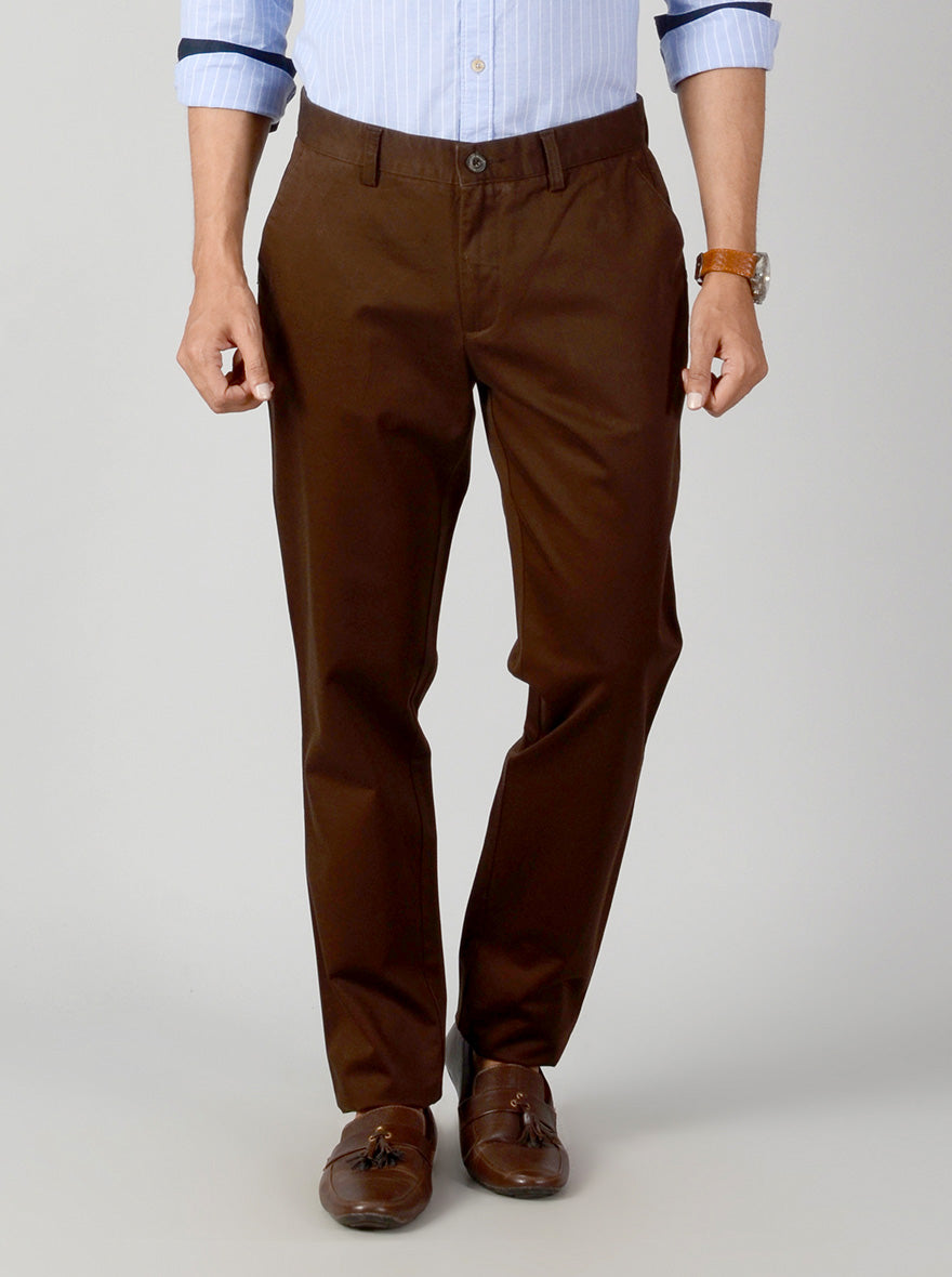 Dark Brown Self Textured Slim Fit Casual Trouser | JB Sport