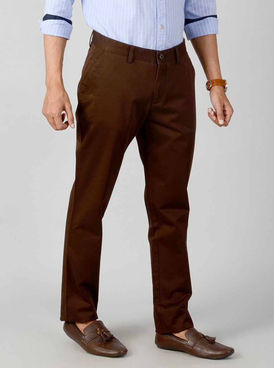 Dark Brown Self Textured Slim Fit Casual Trouser | JB Sport