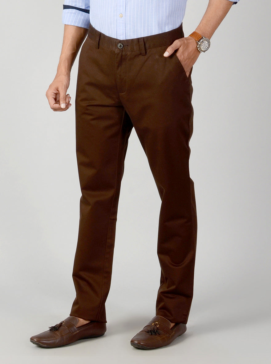 Dark Brown Self Textured Slim Fit Casual Trouser | JB Sport