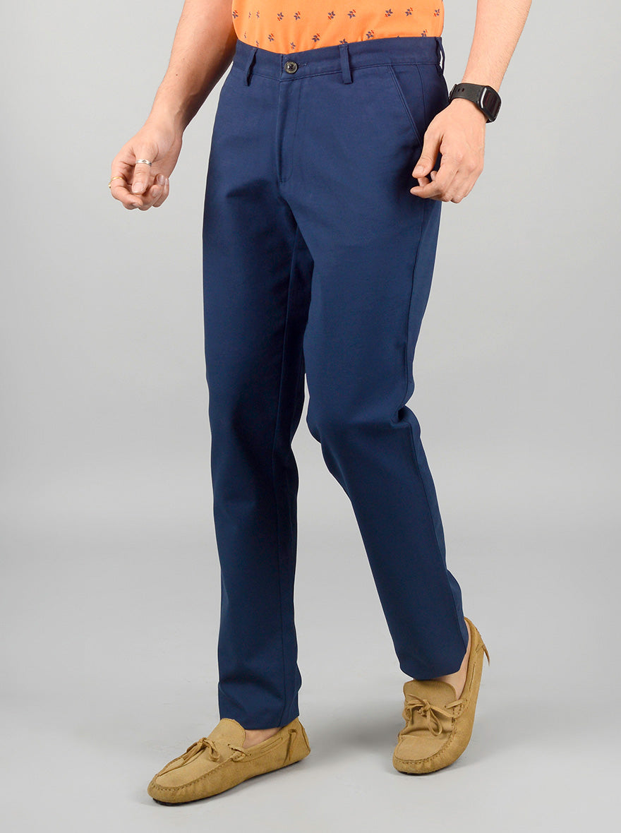 Navy Blue Solid Slim Fit Casual Trouser | JB Sport