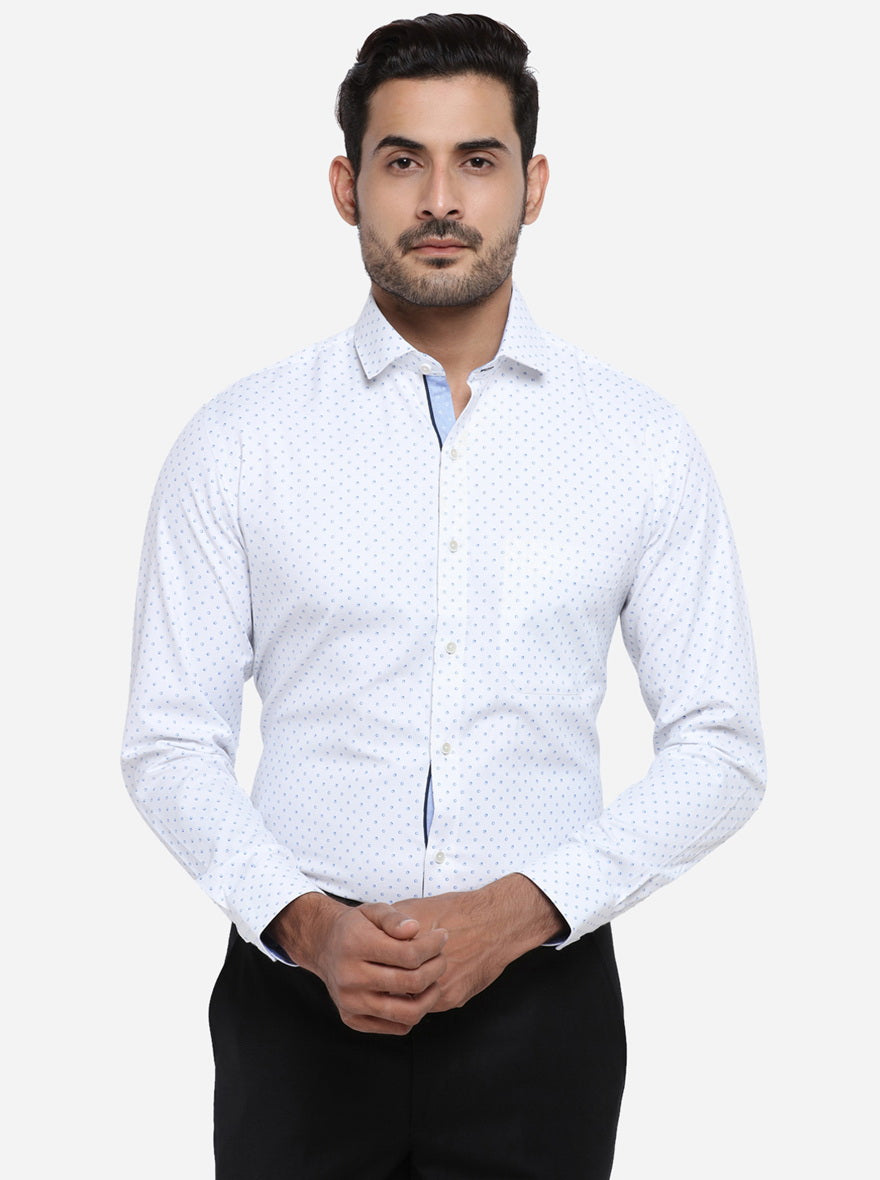 White & Blue Printed Slim Fit Party wear Shirt | Greenfibre