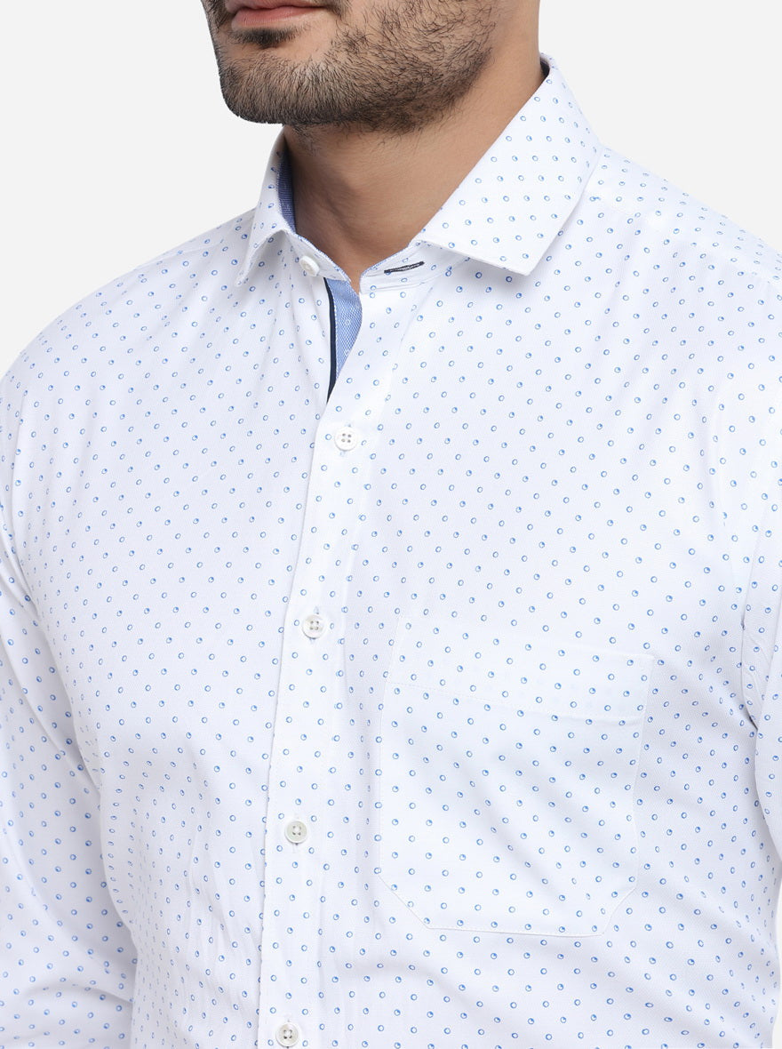 White & Blue Printed Slim Fit Party wear Shirt | Greenfibre