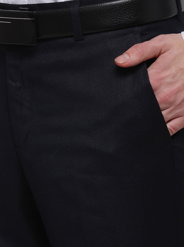 Dark Blue Solid Slim Fit Formal Trouser | Metal