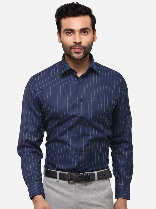 Navy Blue Striped Regular Fit Formal Shirt | Greenfibre