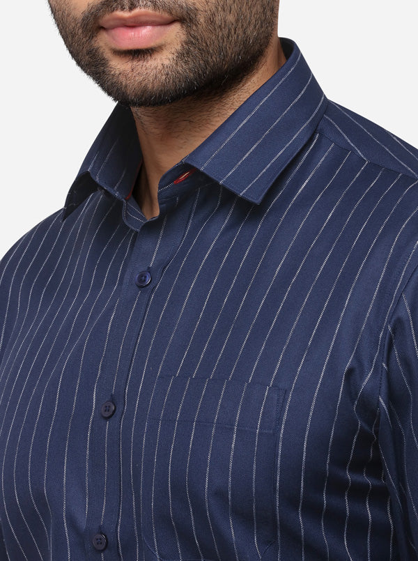 Navy Blue Striped Regular Fit Formal Shirt | Greenfibre